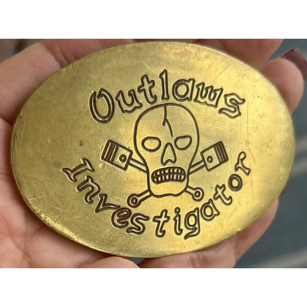 Rare Vtg 1980 Baron Buckles Brass Outlaws Investigator Skull Belt #241 Pistons